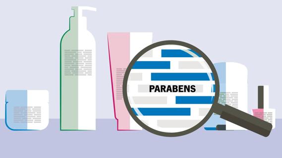 Personal care products with labels lined up, with oversized magnifying glass showing the word parabens on a label