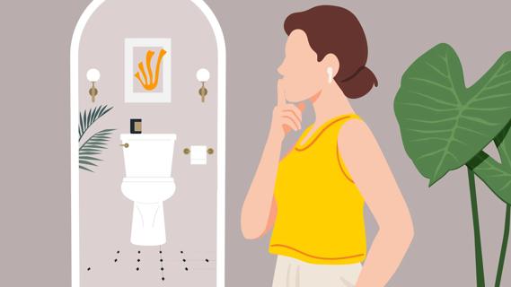 Woman standing outside bathroom, in questioning thought