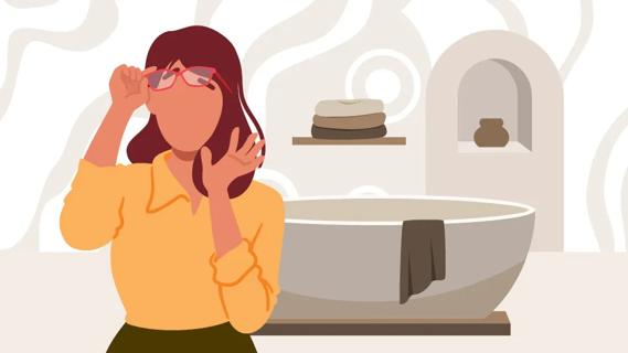 Person in bathroom, lifting glasses off, trying to see