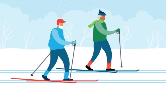 Two cross-country skiers outside skiing