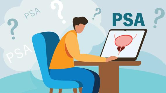 Person on laptop looking up prostate and PSA number meaning
