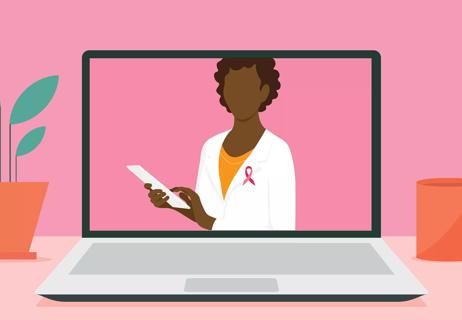 An illustration of computer screen with a doctor wearing a breast cancer ribbon