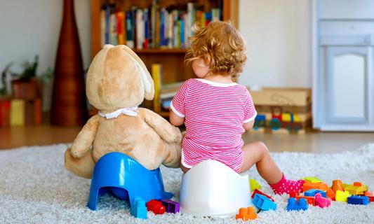 Toddler sitting on portable toilet, along with a teddy bear on another portable toilet, potty training