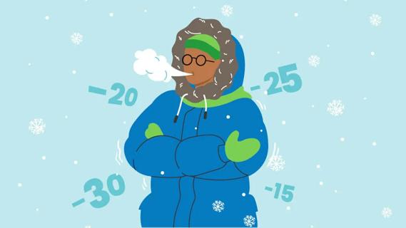 Person standing outside bundled up in below zero weather with snow