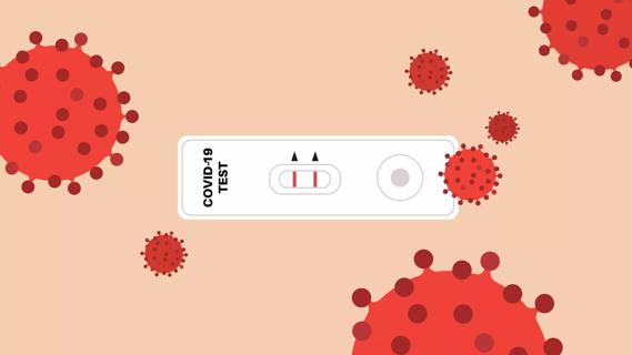 positive COVID test with COVID virus molecules floating around it