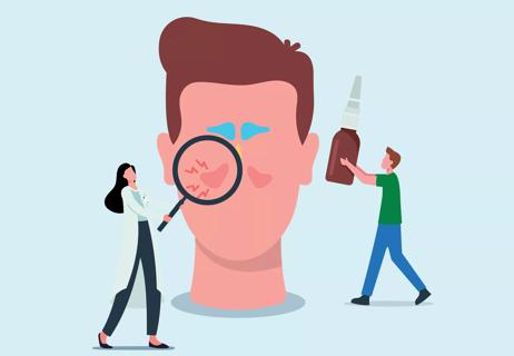 An illustration of a person's head being examined by a doctor and another person carrying nasal spray