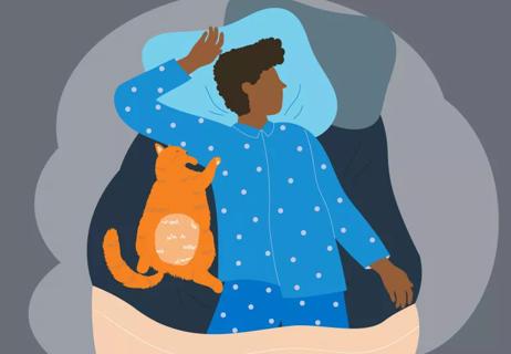 Person sleeping in bed with cat cuddled up next to them.