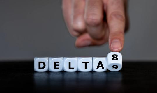 Hand flipping over a dice that says 8 after the word DELTA on preceding die