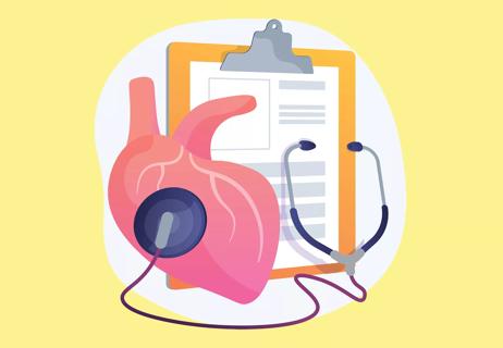 An illustration feautring a stethoscope listening to a human heart.