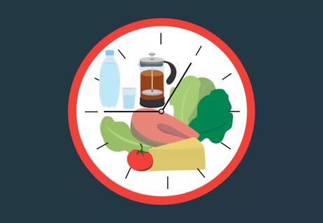 clock with diet foods and water