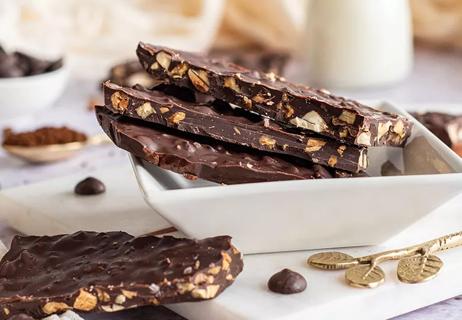 Pieces of chocolate bark made with espresso and toasted nuts