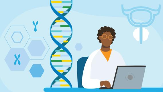 Researcher on laptop, with oversized DNA strand and prostate