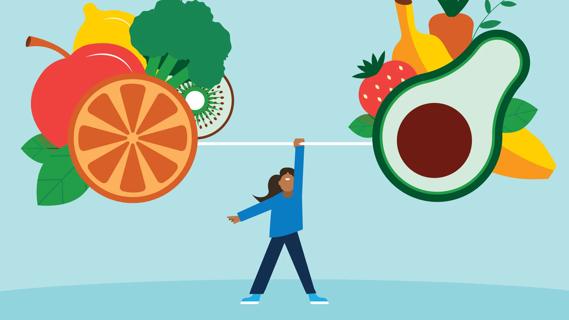 Person holding up a barbell with healthy foods on each end