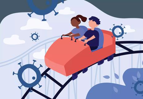 An illustration of two people at the top of a roller coaster hill as viruses swirl around them