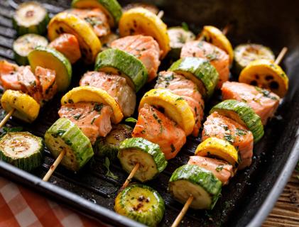 Grilled salmon and veggie skewers