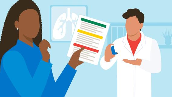Person holding their asthma plan papers, with doctor holding asthma inhaler, and X-ray of lungs on wall