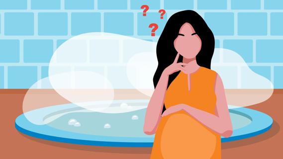 Pregnant woman questioning the hot tub behind her