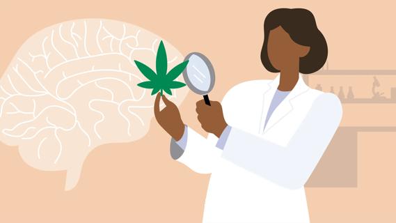 Healthcare provider examining marijuana leaf with a magnifying glass, with oversized brain in background