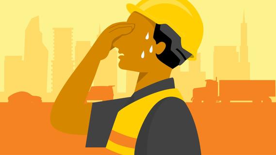 A construction worker sweating amidst hot cityscape