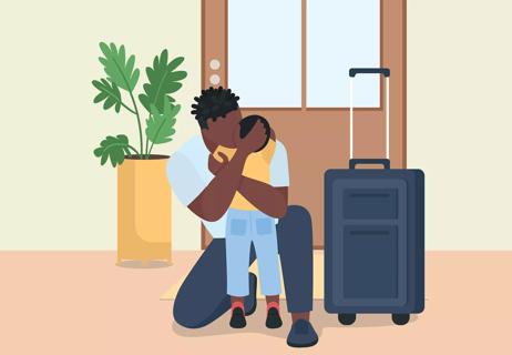 An illustration of an adult and child hugging while a suitcase sits near the door