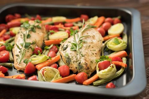 Baking pan of chicken breasts and vegetables