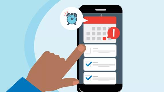 Smartphone with to-do list, and finger pointing to the calendar due date on phone