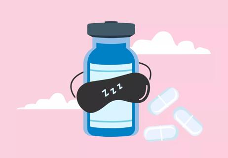 Whimsical illustration of a medicine bottle with a sleeping mask