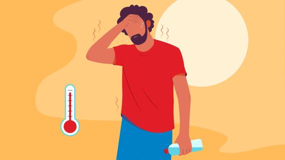 Person in summer heat wiping sweat from their forehead, holding bottle of water