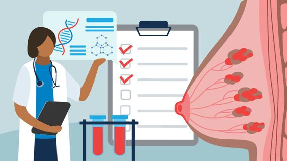 Healthcare provider reviewing pathology report, with oversized breast and lab work