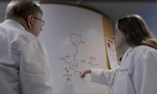 Cleveland Clinic providers looking at a molecule diagram on a whiteboard.