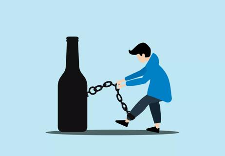 Symbolic illustration of a person chained to a bottle to represent addiction