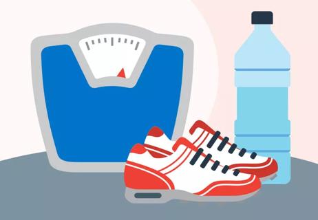 Weight scale with arrow pointing to overweight is shown with sneakers and a water bottle in foreground.