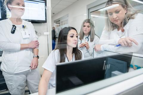 Nurses around computer