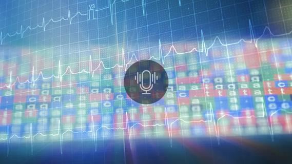gene sequence display with superimposed EKG tracing and podcast icon