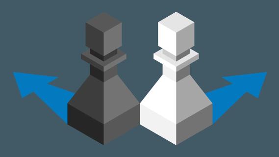 Black and white chess pieces, with arrows indicating they're going in opposite directions