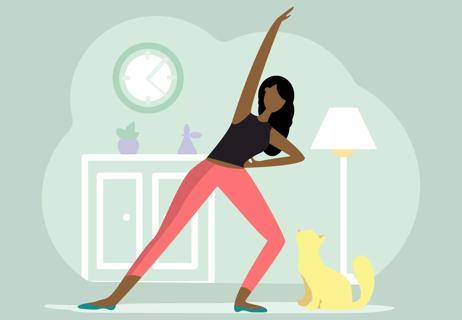 Woman in workout clothes does a lunge stretch in her living room as her cat looks on