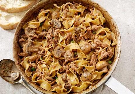 skillet of ground turkey stroganoff