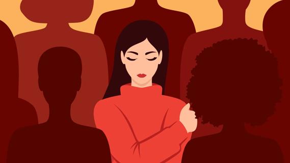 Person with their arms wrapped around themself, looking down, surrounded by darker silhouettes