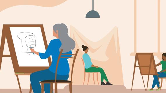 Older person at easel, drawing in an art class