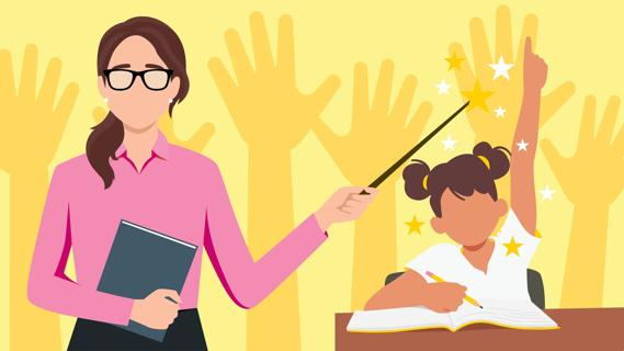 Teacher calling on favorite student, with stars around the student's head