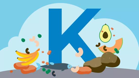 Giant letter K with foods with vitamin K and supplements surrounding it