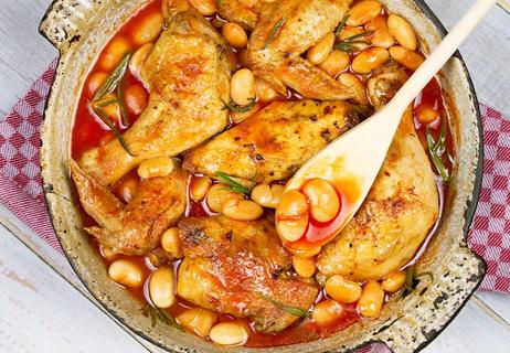 Bowl of roasted chicken with rosemary-garlic cannellini beans