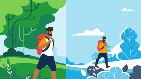 Person hiking outdoors in cold weather, and person hiking ouotdoors in hot weather