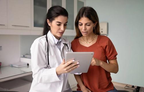 Patient and healthcare provider looking at medical info on tablet together