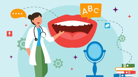 Speech therapist, with oversized mouth, letters, sounds and ideas