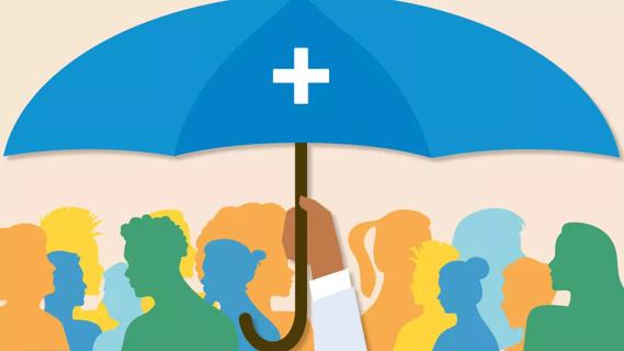 Healthcare umbrella is held over diverse group of people
