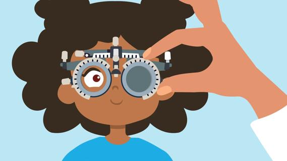 Child having an eye exam, looking thru a phoropter