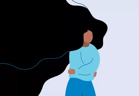 Illustration of a woman hugging herself beneath a dark cloud of black hair that represents treatment-resistant depression.