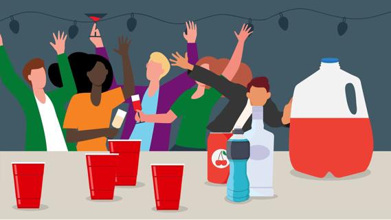 People partying, with a gallon jug of alcoholic beverage and cups on table