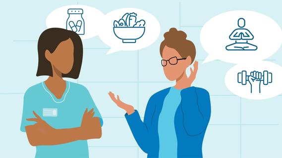 Patient talking with healthcare provider about exercise, diet, mental health and supplements